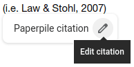The citation dialog working correctly in Google Docs: a “Paperpile citation” chip with a pencil button and an “Edit citation” tooltip.